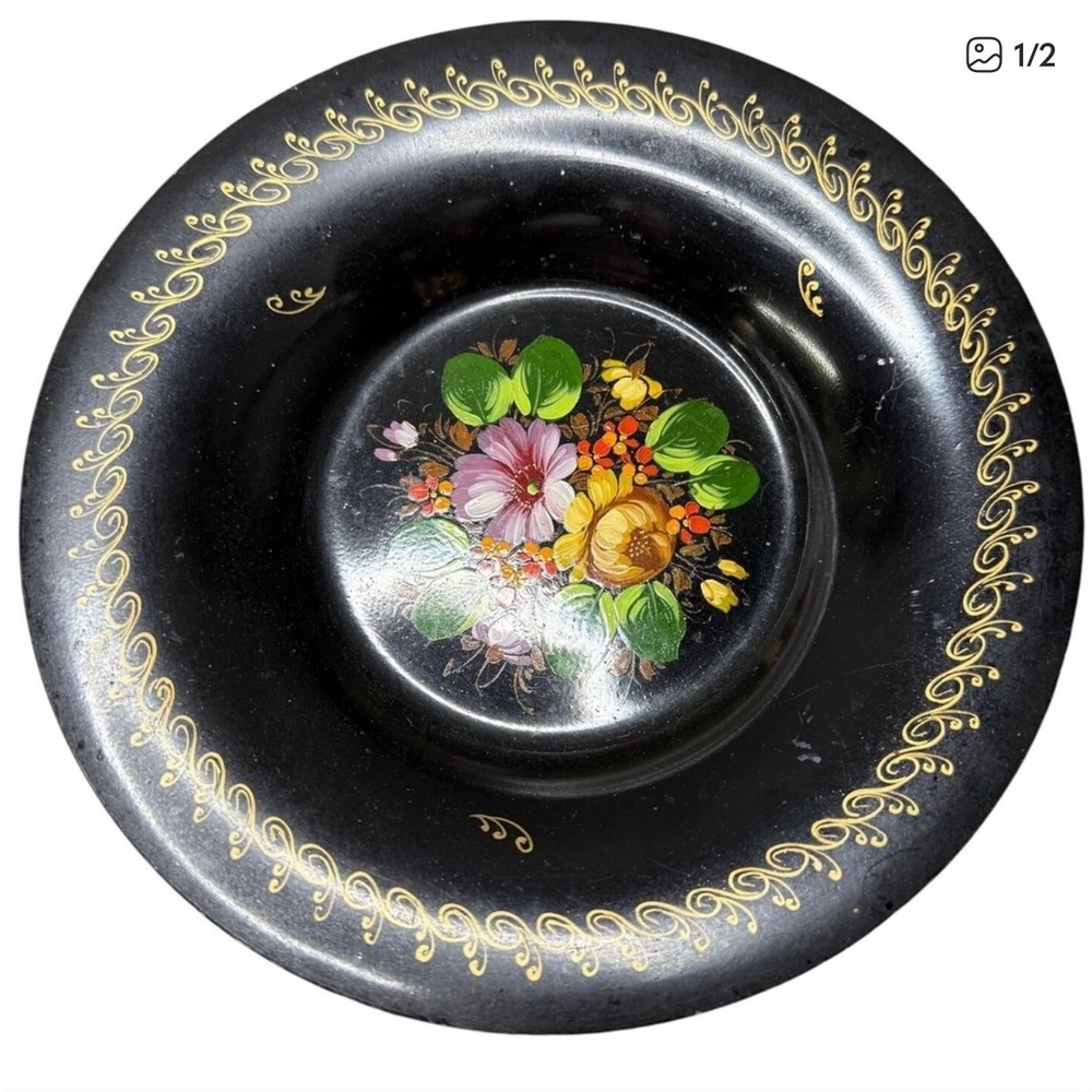 Vintage Black Porcelain Dish Hand Painted‎ - Floral -Japan
